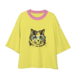 MOVEUP幻走2025秋季新款FUN系列空气层撞色圆领猫咪绣花短款T恤女