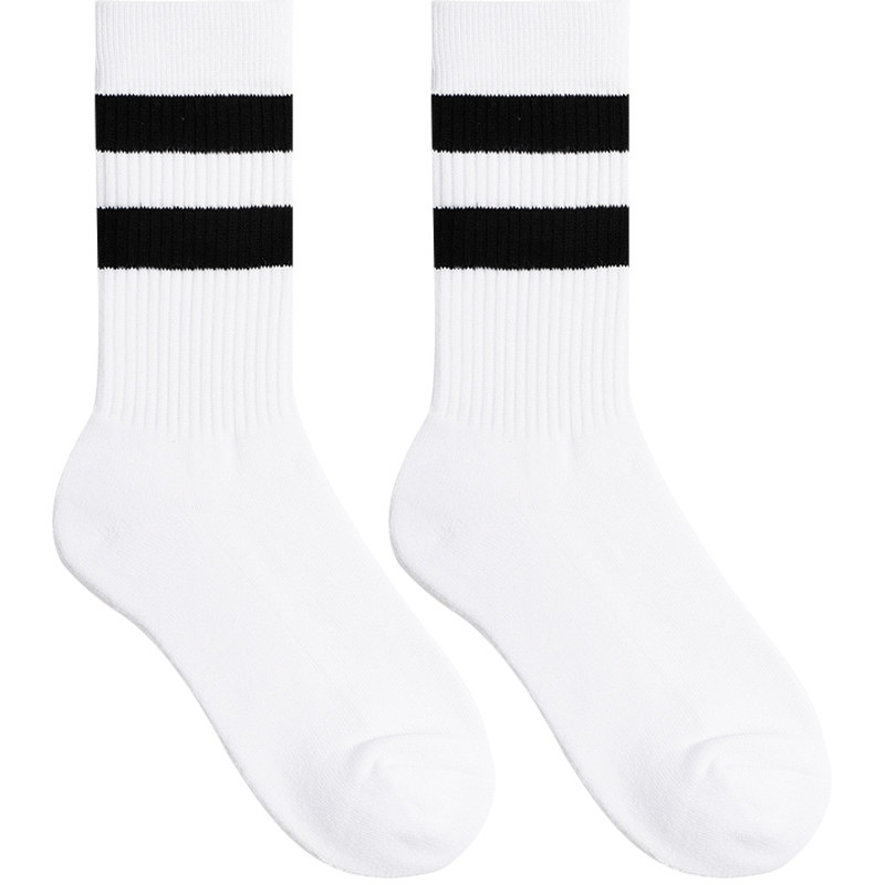 sockkon  男士二两条杠条纹黑白条色运动袜中高筒健身毛巾底棉袜
