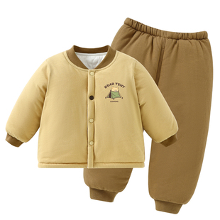 马卡乐男童三层夹棉套装宝宝家居服加绒保暖棒球服外套保暖冬装厚