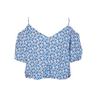 婉甸复古靛蓝套头上衣夏季新品露肩V领泡泡袖小衫1232H26DJ6