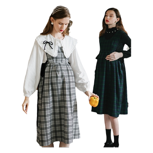 优密儿孕妇装秋季新款孕妇格子连衣裙中长款背心裙jk学院风