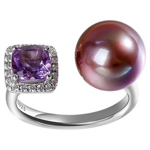 海蒂珠宝 烟霞 10-11mm正圆妖紫色淡水珍珠戒指 S925银紫水晶