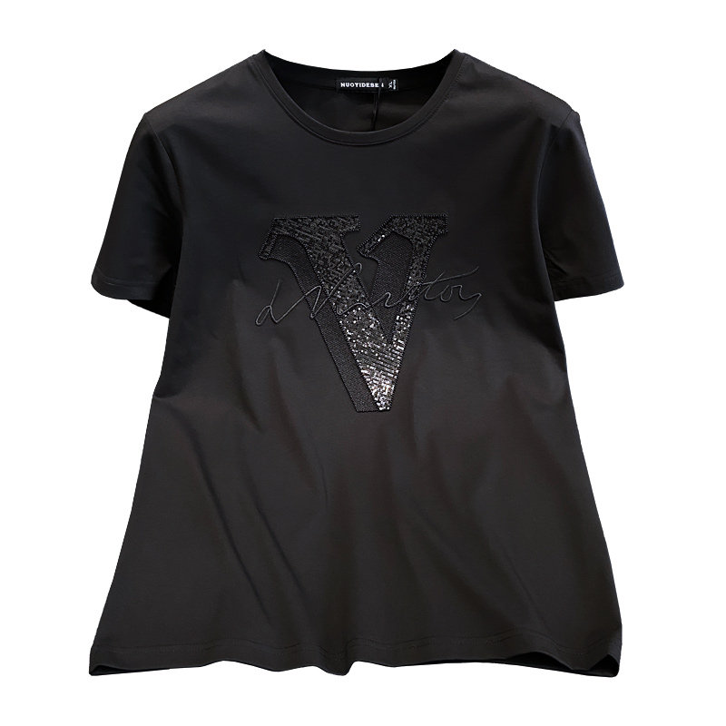 潮牌男士丝光棉字母v刺绣T恤夏季中国风红色修身半袖个性男装体恤