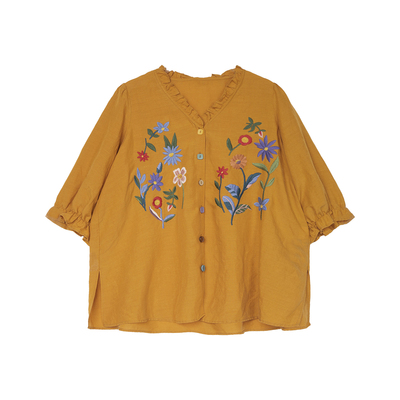 安妮森林定位重工刺绣苎麻衬衫