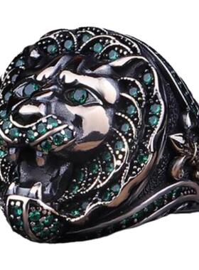 男纯银复古绿色锆石戒指微石刺绣