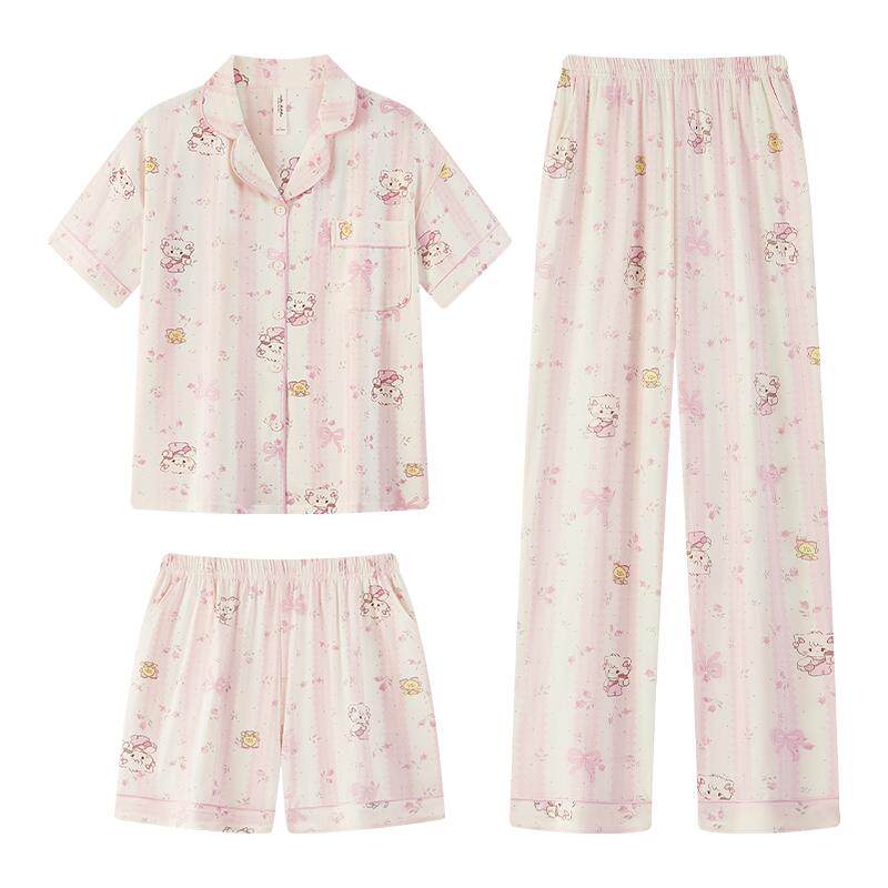 宫蝶【3件套】mikko睡衣女款夏季短袖纯棉休闲可爱甜美家居服套装