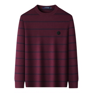 [高支细纱]梦特娇25秋冬季男士圆领毛衣撞色条纹中年针织打底衫Z