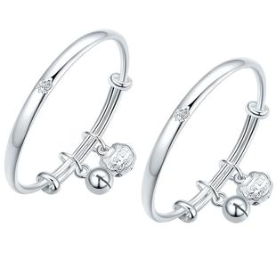 周六福小福锁手镯宝宝款S990足银实心推拉镯吉祥福锁周岁礼物