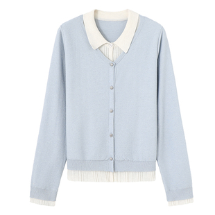 YBAI/亦白 26春季新款时尚百搭显瘦珠片纱假两件撞色针织衫上衣女