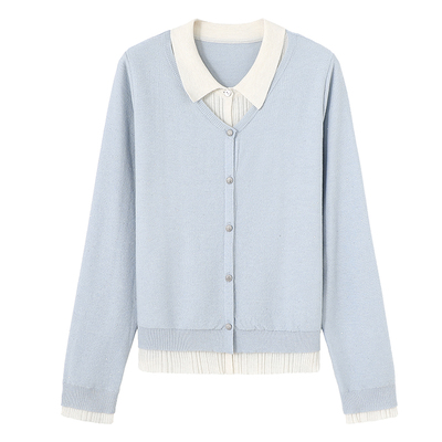 亦白珠片纱假两件撞色针织衫上衣