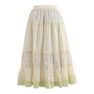 森女部落森系田园风绿色高腰半身裙女春新款小个子裙子甜美长裙夏