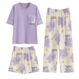 浪莎带胸垫睡衣女夏季薄款纯棉短袖长裤三件套装全棉可外穿家居服