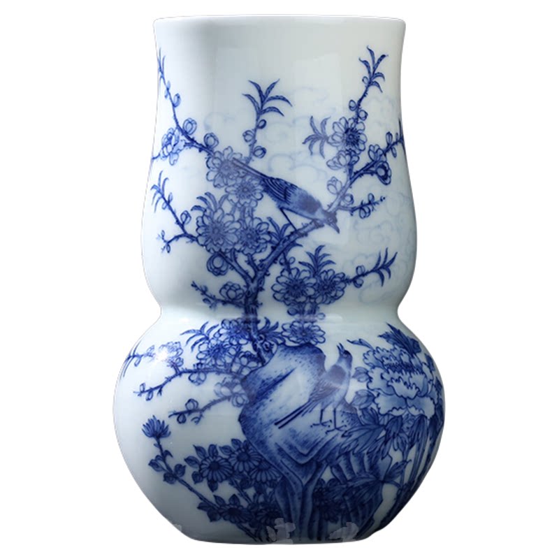 贵和祥京德陶瓷花插手绘青花花鸟平口葫芦花瓶景德镇工艺摆件礼品