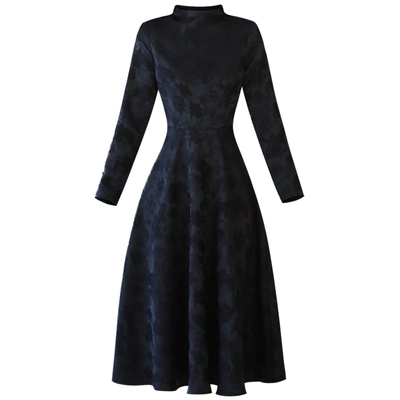 蓝色温柔风复古法式提花连衣裙