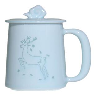 一鹿生花景德镇玲珑陶瓷马克杯创意水杯大容量带盖杯子生日礼物