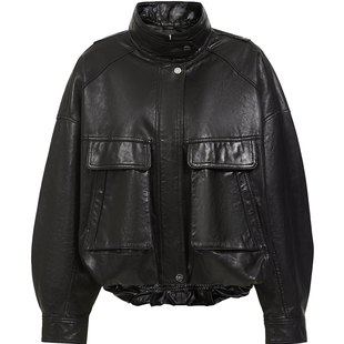 ONLY2025冬季新款酷飒时髦立领扣袢磁吸袋口宽松落肩皮衣外套女