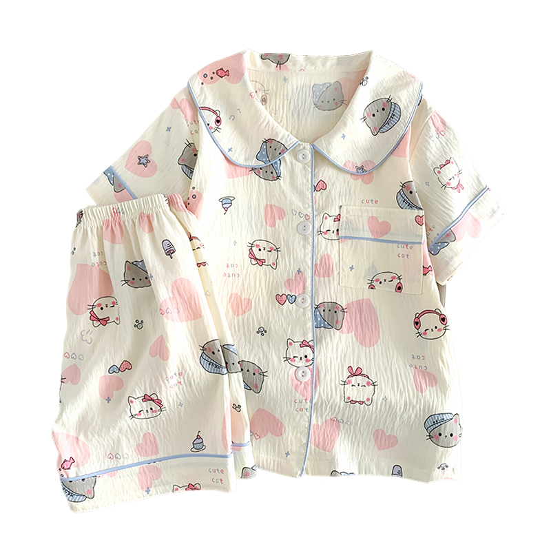 女童夏季休闲薄款家居服云朵棉开衫翻领儿童睡衣短袖短裤可爱套装