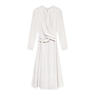 贰羊设计【挽清欢】通勤气质白色条纹长袖连衣裙女亚麻感绑带收腰