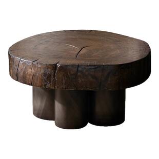 中古原木木墩茶几烟熏色复古白蜡木深色圆茶几侘寂茶几实木小圆桌