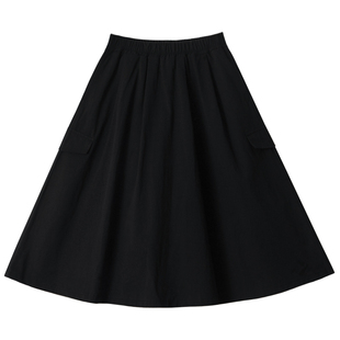 口袋日式工装裙女复古日系百搭学生高腰a字裙子黑色山本风半身裙
