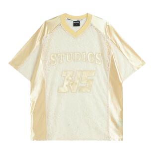 INSstudios 国潮牌美式蕾丝拼接镂空插肩V领短袖球衣风罩衫T恤女