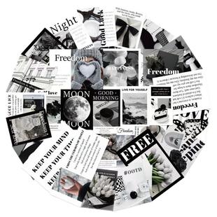 30冷淡黑自由白黑白方形复古ins风剪报贴纸diy手机电脑笔记本充电宝行李箱收纳盒桌面墙面衣橱柜手账素材贴纸