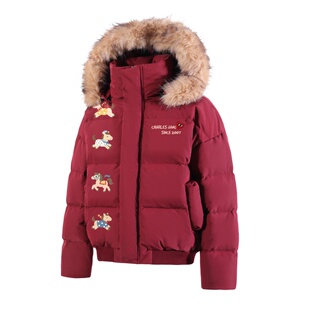 查尔斯桃心马年红色羽绒服男毛领连帽90白鸭绒防寒保暖情侣外套潮