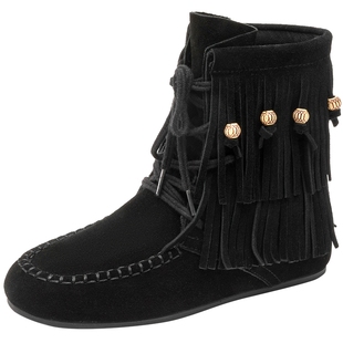 奥康 女鞋冬季新款时装靴真皮流苏靴民族风珠串平底舒适短靴