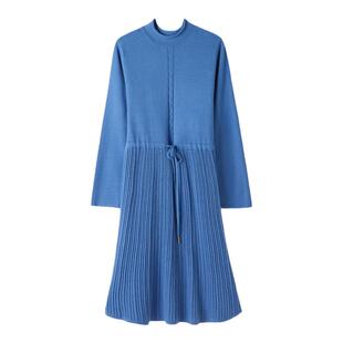 恒源祥春秋装新款连衣裙含羊毛红色长裙女宽松长款圆领毛衣针织衫