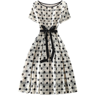 清仓夏装新款气质优雅高端女装收腰显瘦中长款波点印花大摆连衣裙