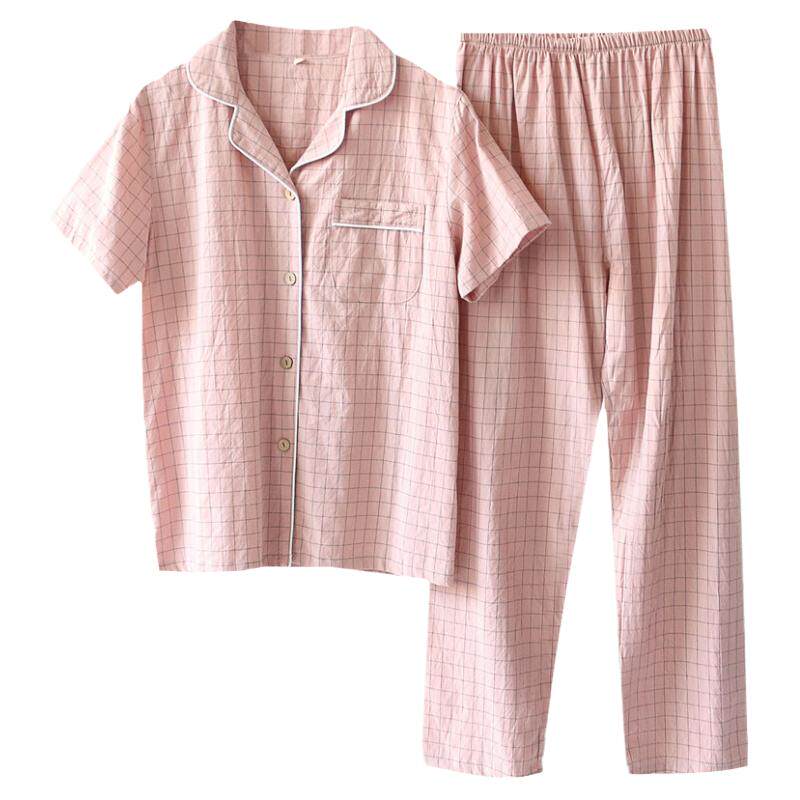 女款水洗棉布格子短长家居服套装