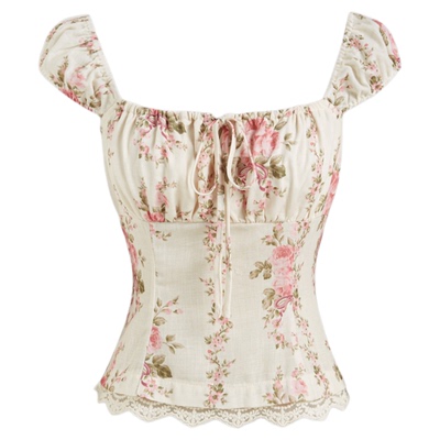 CIDER 碎花蕾丝边褶皱法式方领衬衫短袖衬衣114514790