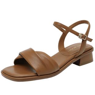 自由姿色粗跟一字带凉鞋女夏季新款女鞋仙女风褶皱低跟凉鞋