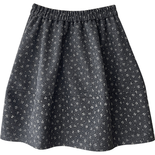 日韩miu系复古碎花毛呢料蓬蓬南瓜短中裙女秋冬百搭花苞半身裙子