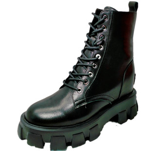 13CM隐形内增高马丁靴女小个子超轻牛皮圆头10CM厚底高跟短靴11CM