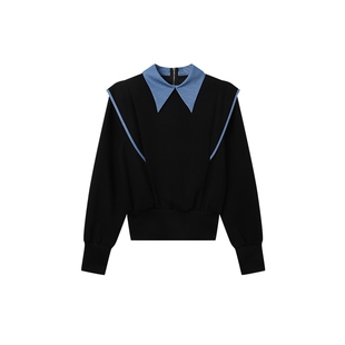 白鹿语撞色拼接假两件卫衣秋冬款翻领小飞袖搭片加绒长袖上衣女