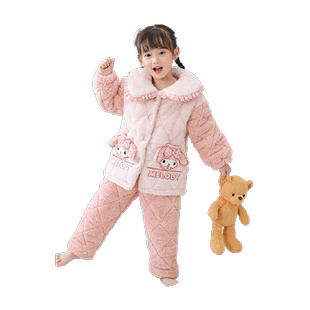 儿童睡衣女童冬季加厚款家居服女孩秋冬款珊瑚绒三层夹棉加绒2024