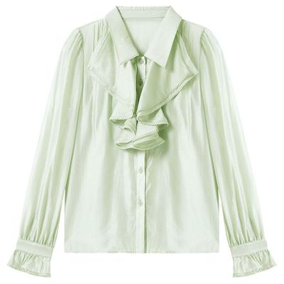 missCOCOON法式衬衫春款气质荷叶边花瓣袖水绿色丝绵上衣