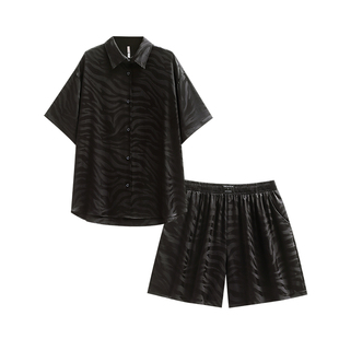 悦内睡衣女款夏季夏天冰丝绸短袖短裤家居服黑色轻奢高级感斑马纹