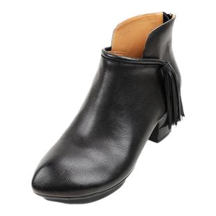 相伴真皮秋冬皮靴女新款女靴羊皮粗跟皮鞋妈妈流苏短靴软底靴子