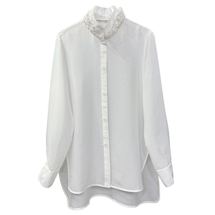 yuan厂出！设计师款！真丝醋酸木耳边立领衬衫上衣女  58388~ZY