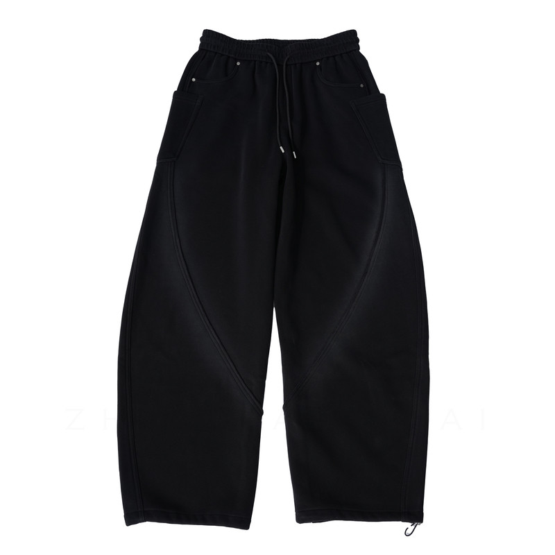 占大帅 冬季美式重磅拼接加绒卫裤男直筒宽松抽绳阔腿弯刀裤子潮