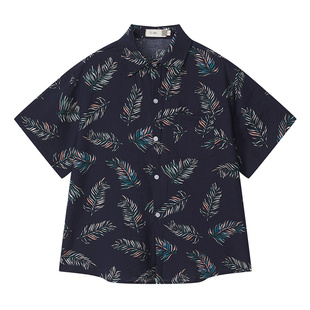 雾撞山野宽松短袖印花衬衫男士日系文艺复古港风潮流休闲度假衬衣