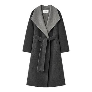 【绵羊毛】Laurel劳芮新款拼色翻领系带长款大衣LWD363D03900