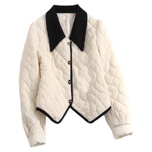 撞色拼接翻领显瘦绗缝短款单排扣外套秋冬新款长袖女棉衣棉服B674