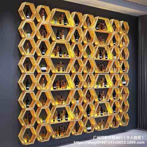 网红六边形酒柜葡萄酒架铁艺发光酒庄精油壁挂展示架酒吧餐厅装饰