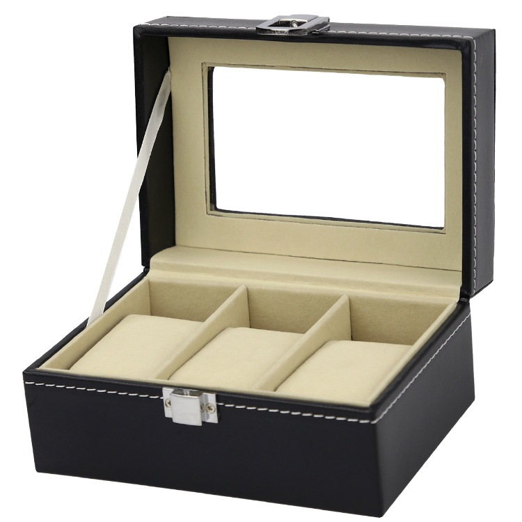 3位手表盒黑色PU厂家手表手表收纳箱批发盒展示首饰皮收纳盒展示