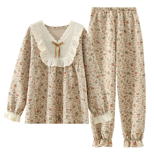 甜美纯棉空气层睡衣女秋冬加厚套头长袖家居服套装夹棉可外穿休闲