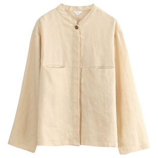 国风高端亚麻立领衬衫新中式女秋季宽松禅意茶服棉麻长袖衬衣外套