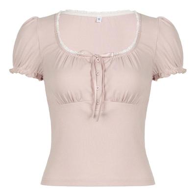 WEEKEEP【仙德瑞拉】纯欲甜美褶皱花边拼接泡泡袖T恤休闲百搭短袖